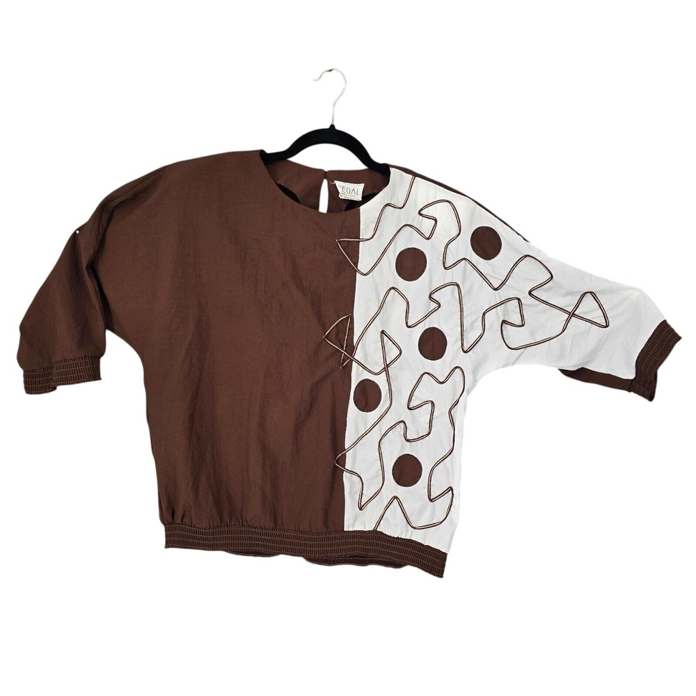 VTG Regal Women Brown‎ White Abstract Geometric Smocked Blouse Small Made in USA